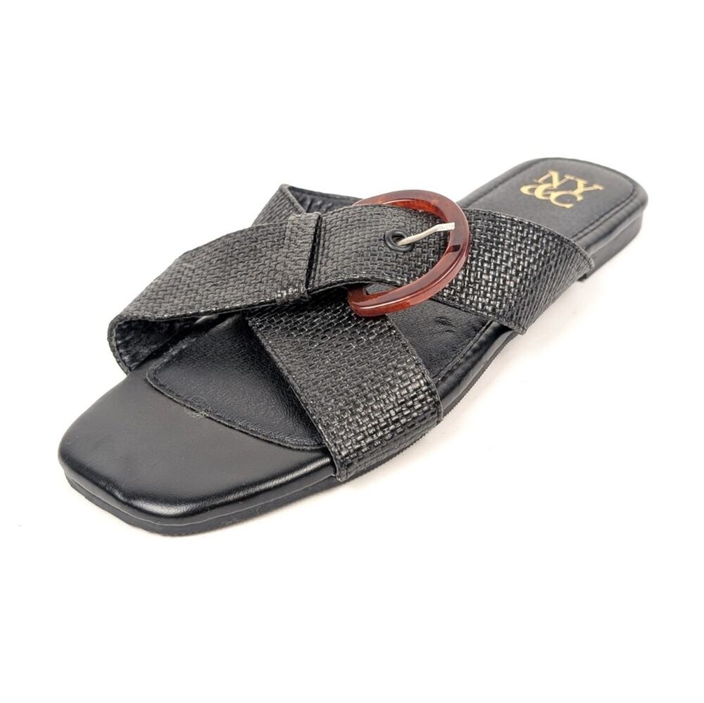 New York & Company Black Criss Cross Slip On Buckle Flat Sandals Size 6